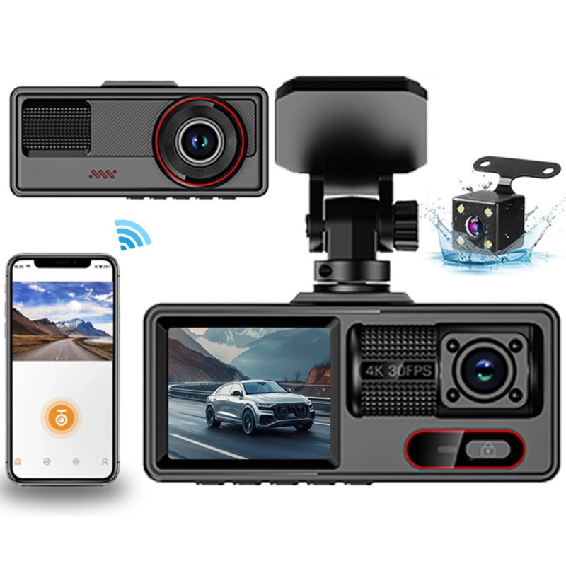 Dashbordkamera med tre kanaler, WiFi, G-sensor, parkeringsovervåking og nattsyn