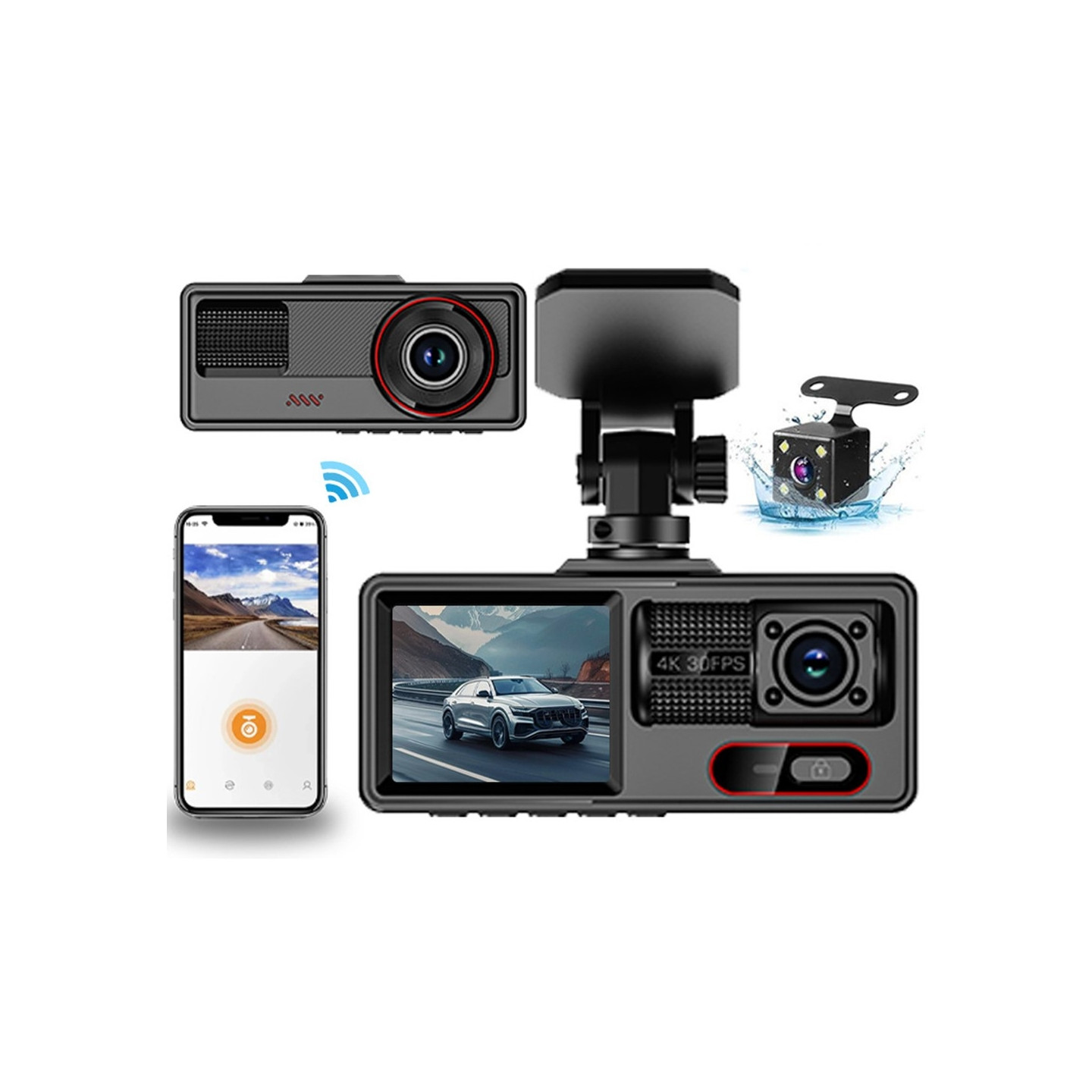 3-kanals dashcam med Wi-Fi, G-sensor, parkeringsovervågning og nattesyn