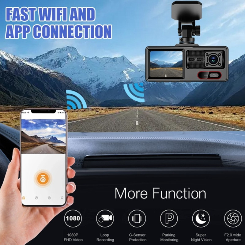 3-kanals dashcam med Wi-Fi, G-sensor, parkeringsovervågning og nattesyn