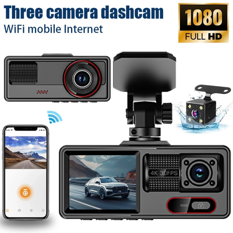 3-kanals dashcam med Wi-Fi, G-sensor, parkeringsovervågning og nattesyn
