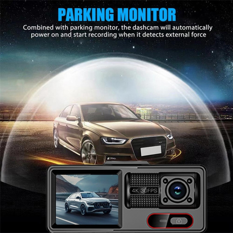 3-kanals dashcam med Wi-Fi, G-sensor, parkeringsovervågning og nattesyn