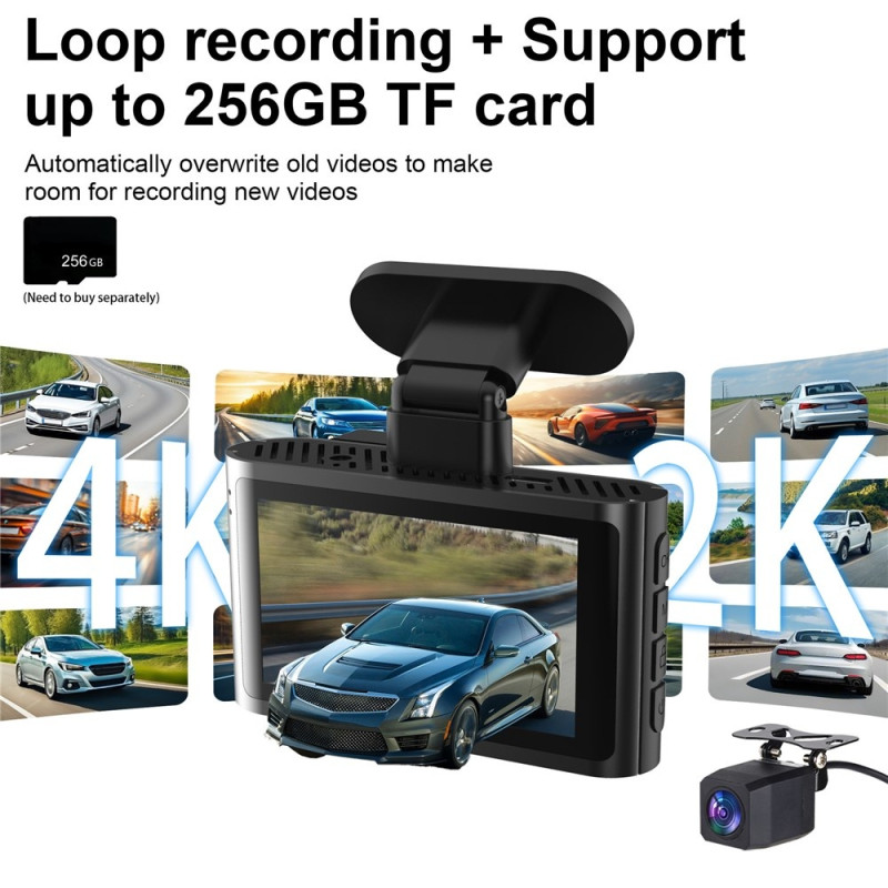 Dashbordkamera med to kanaler, GPS og Wi-Fi (4K foran + 2K bak) samt parkeringsovervåking