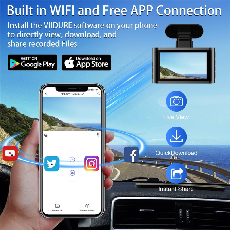 Dashcam med to kanaler, GPS og Wi-Fi (4K foran + 2K bagpå) samt parkeringsovervågning