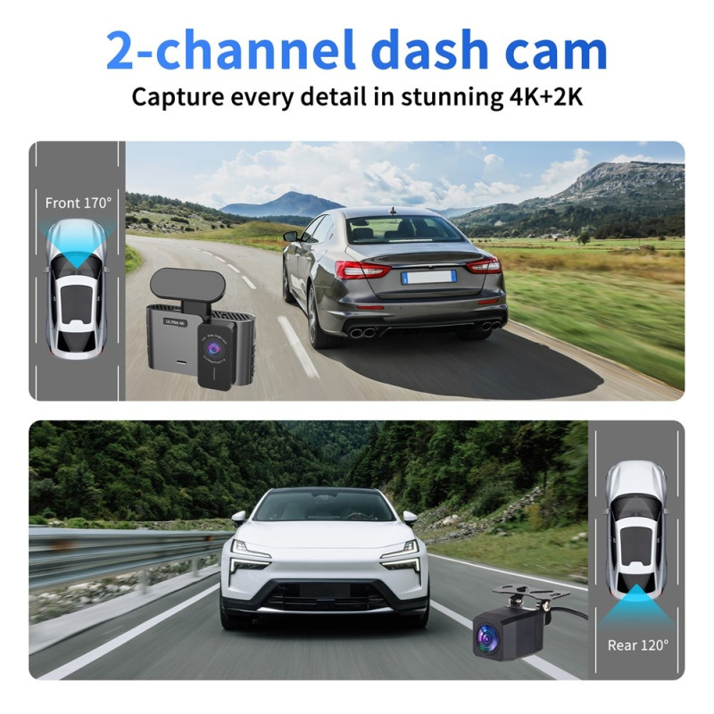 Dashbordkamera med to kanaler, GPS og Wi-Fi (4K foran + 2K bak) samt parkeringsovervåking