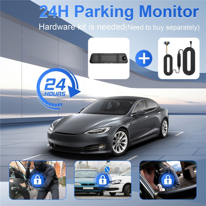 3-channel dash cam (front, cabin, rear) with touchscreen, Wi-Fi, and parking monitoring