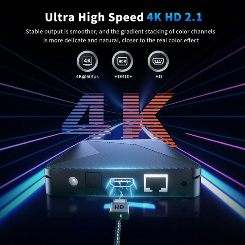 TV Box 4GB/32GB Android 14 4K HDR10+ WiFi 6 Bluetooth 5.0 Voice-controlled remote