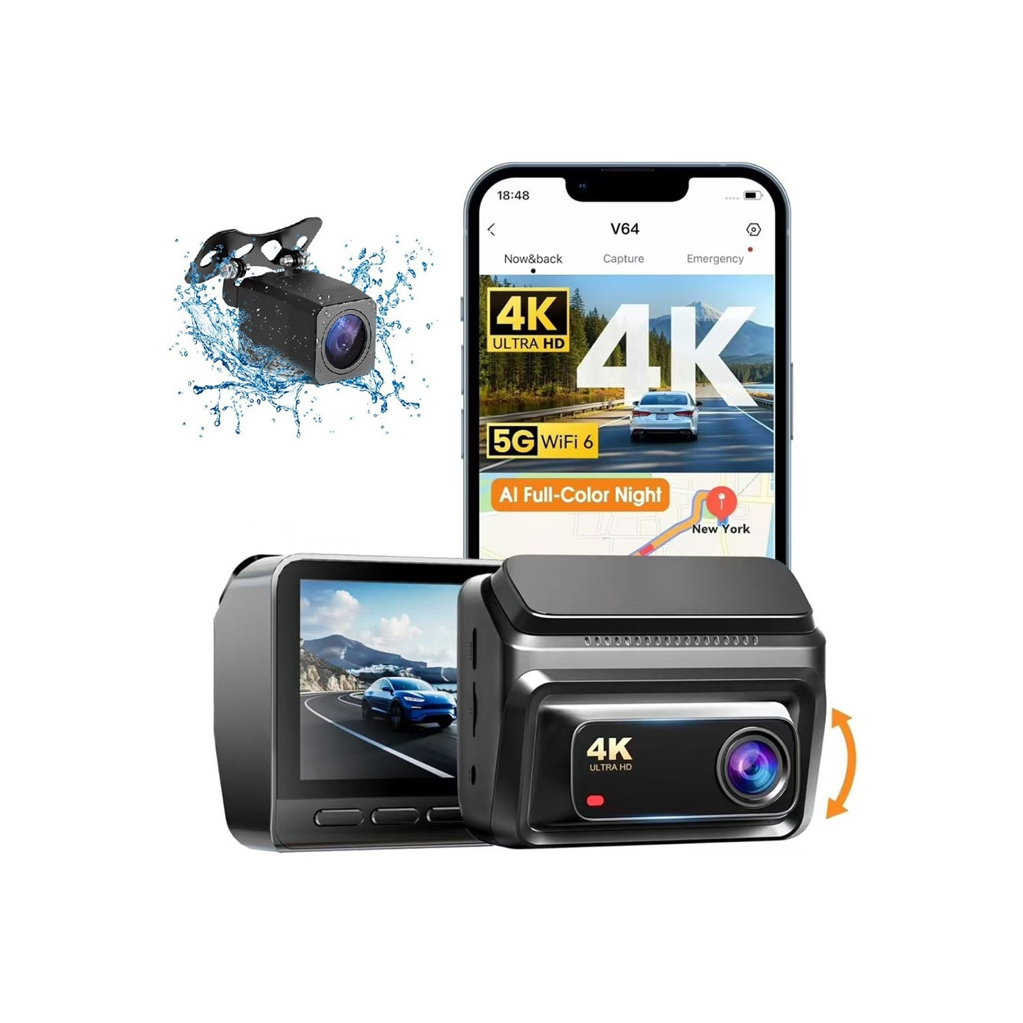 Dashbordkamera foran og bak, 5G WiFi 6, nattsyn, superkondensator, parkeringsovervåking