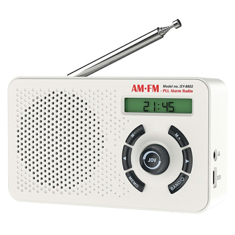 Portable radio (AM/FM/SW) with PLL digital tuning, 2000 mAh, USB-C, and alarm clock.