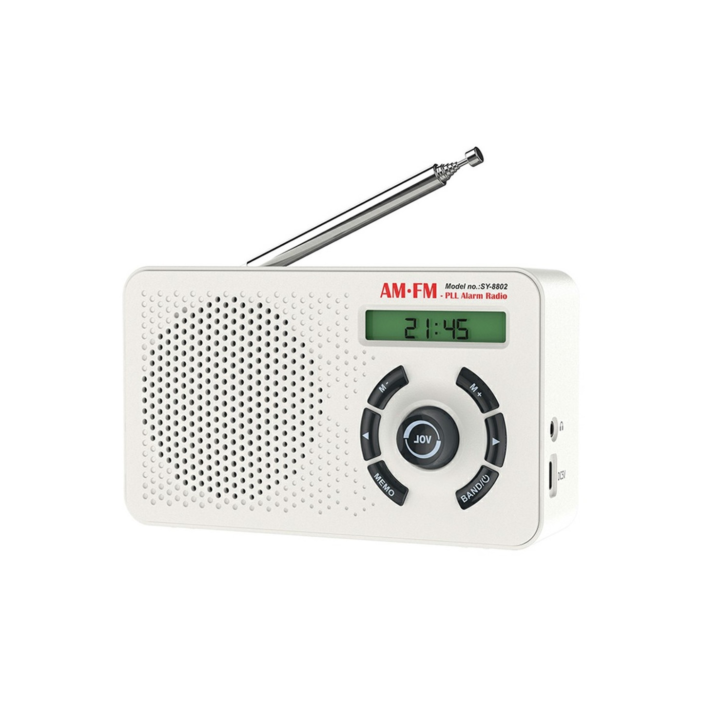 Portable radio (AM/FM/SW) with PLL digital tuning, 2000 mAh, USB-C, and alarm clock.