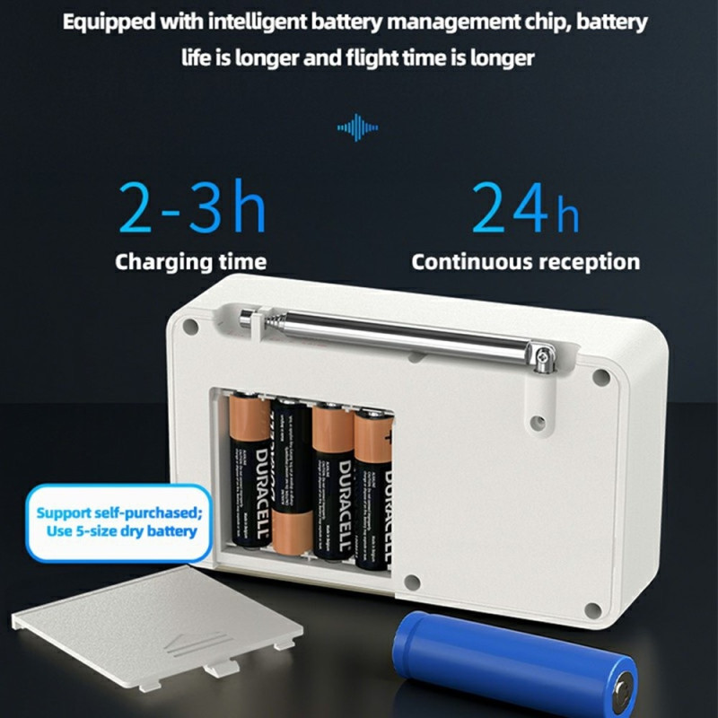 Bærbar radio (AM/FM/SW) med digital PLL-tuning, 2000 mAh, USB-C og vækkeur.