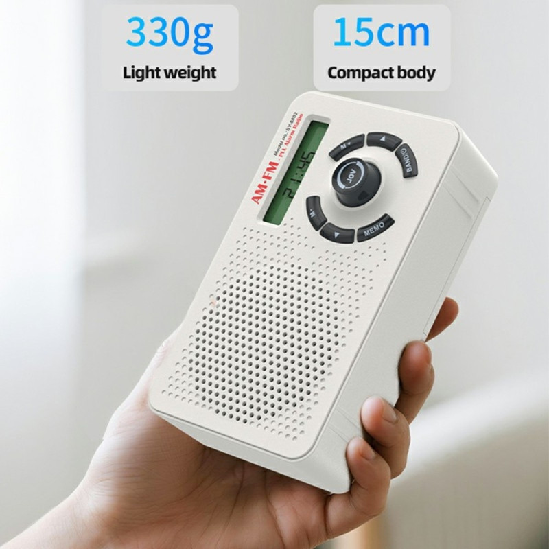 Bærbar radio (AM/FM/SW) med digital PLL-tuning, 2000 mAh, USB-C og vækkeur.