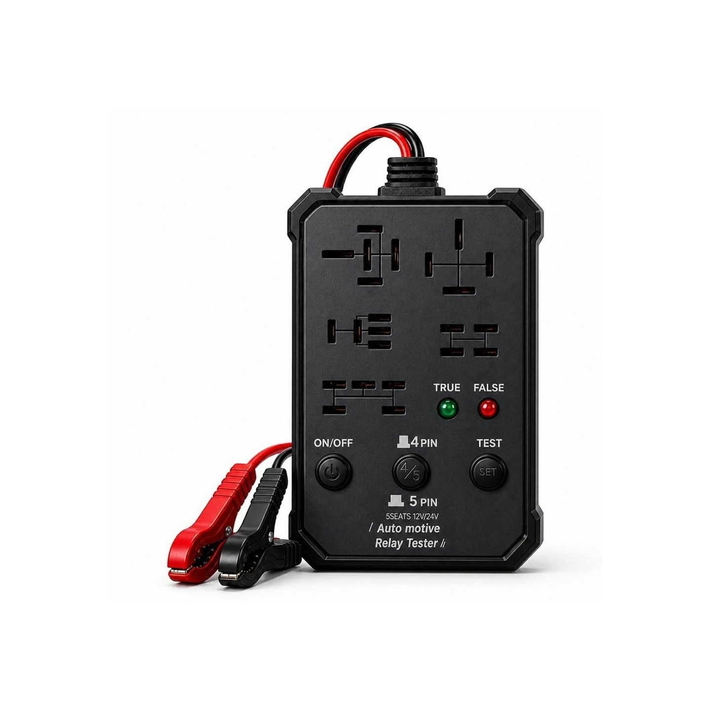 Diagnostiikkatyökalu ajoneuvojen releille (12 V / 24 V) – 5-tilainen rele-testauslaite