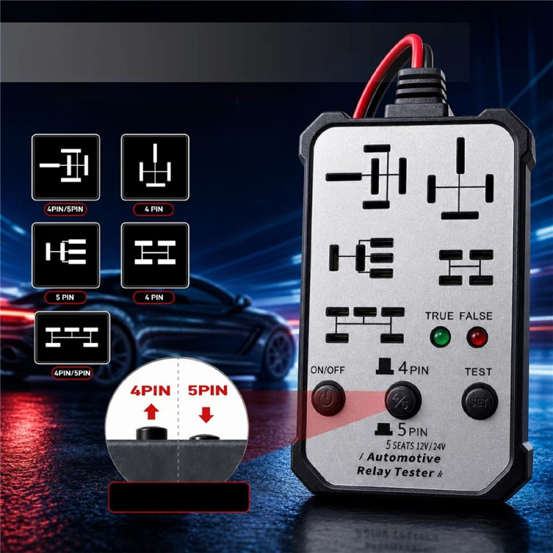 Diagnostiikkatyökalu ajoneuvojen releille (12 V / 24 V) – 5-tilainen rele-testauslaite