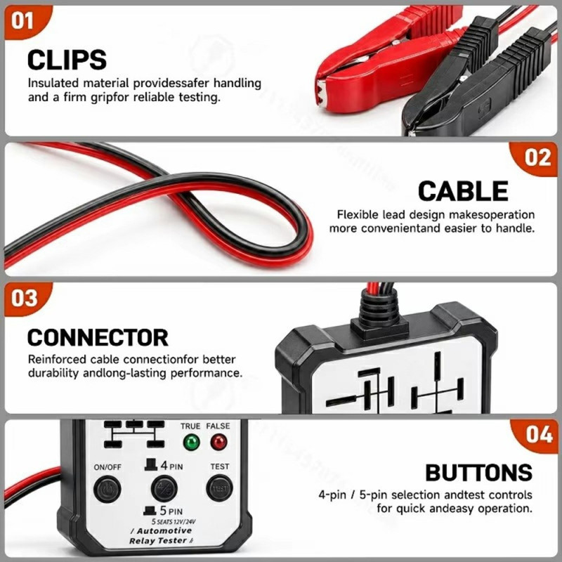Diagnostiikkatyökalu ajoneuvojen releille (12 V / 24 V) – 5-tilainen rele-testauslaite