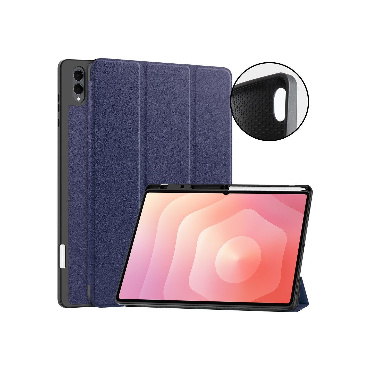 Samsung Galaxy Tab S12 Ultra varten Tri-Fold telineellinen suojakuori, neljän kulman iskusuojalla, PU-nahkaa, TPU-materiaalia ja