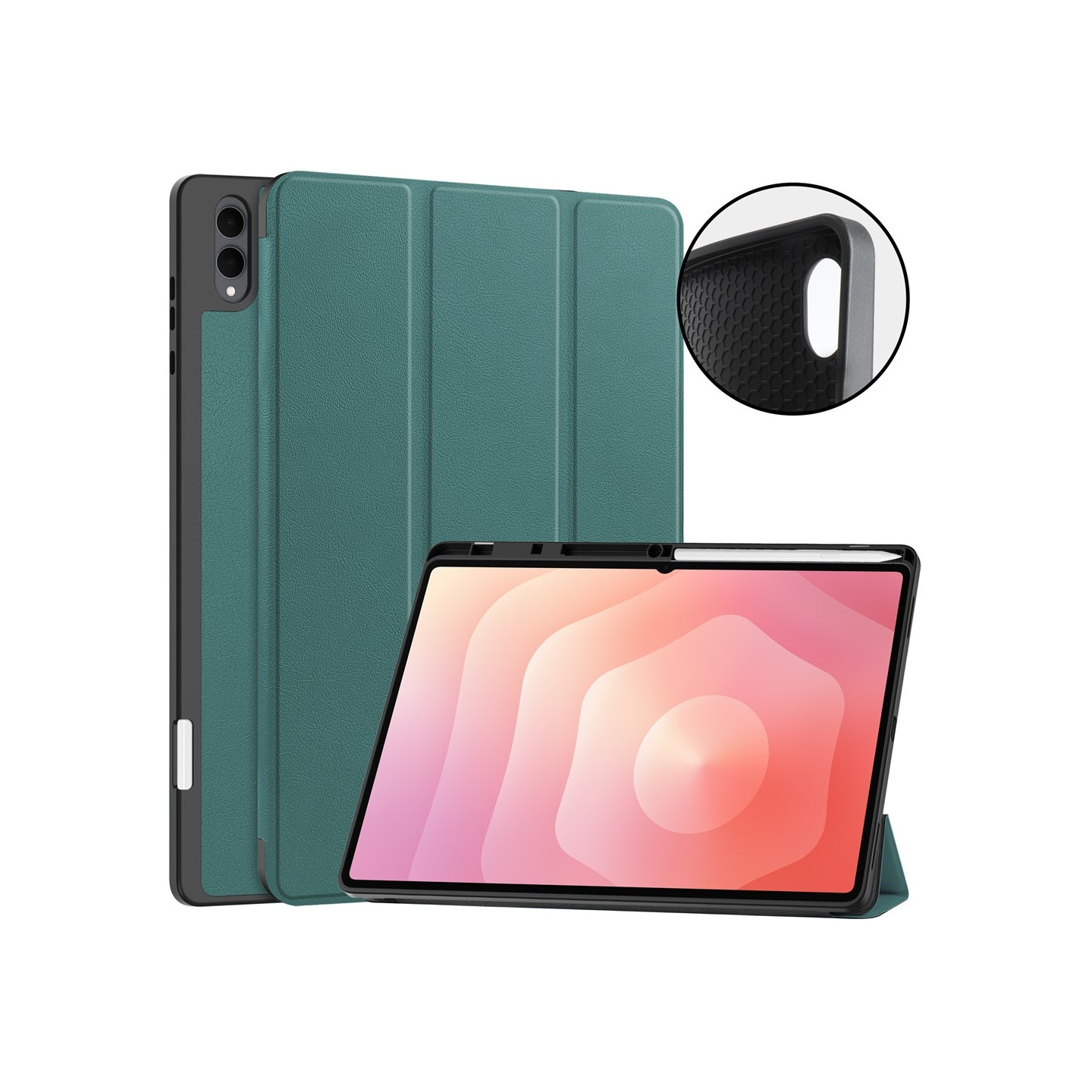 Samsung Galaxy Tab S12 Ultra varten Tri-Fold telineellinen suojakuori, neljän kulman iskusuojalla, PU-nahkaa, TPU-materiaalia ja