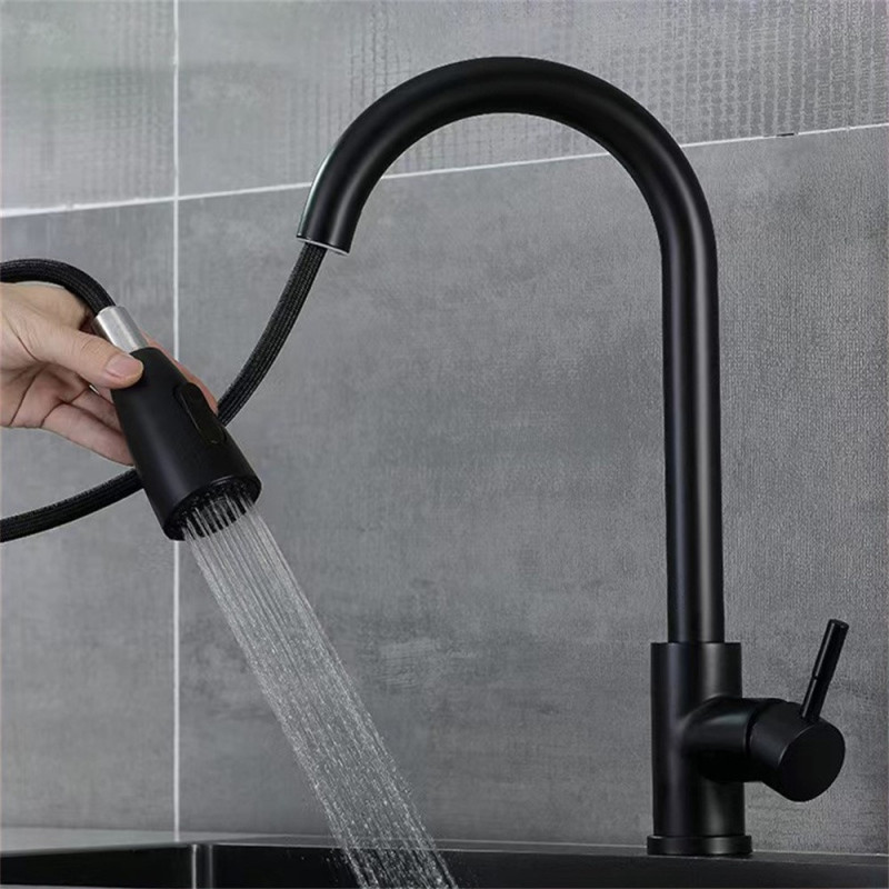 Køkkenarmatur i rustfrit stål – udtrækkelig bruser med 3 indstillinger, 360° svingbar tud