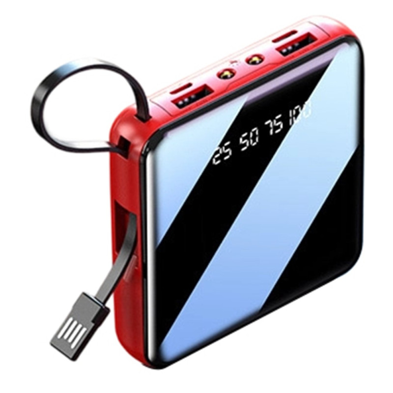 Compact Power Bank 10,000 mAh, 4-in-1 Cable, LED Flashlight, Digital Display – Red