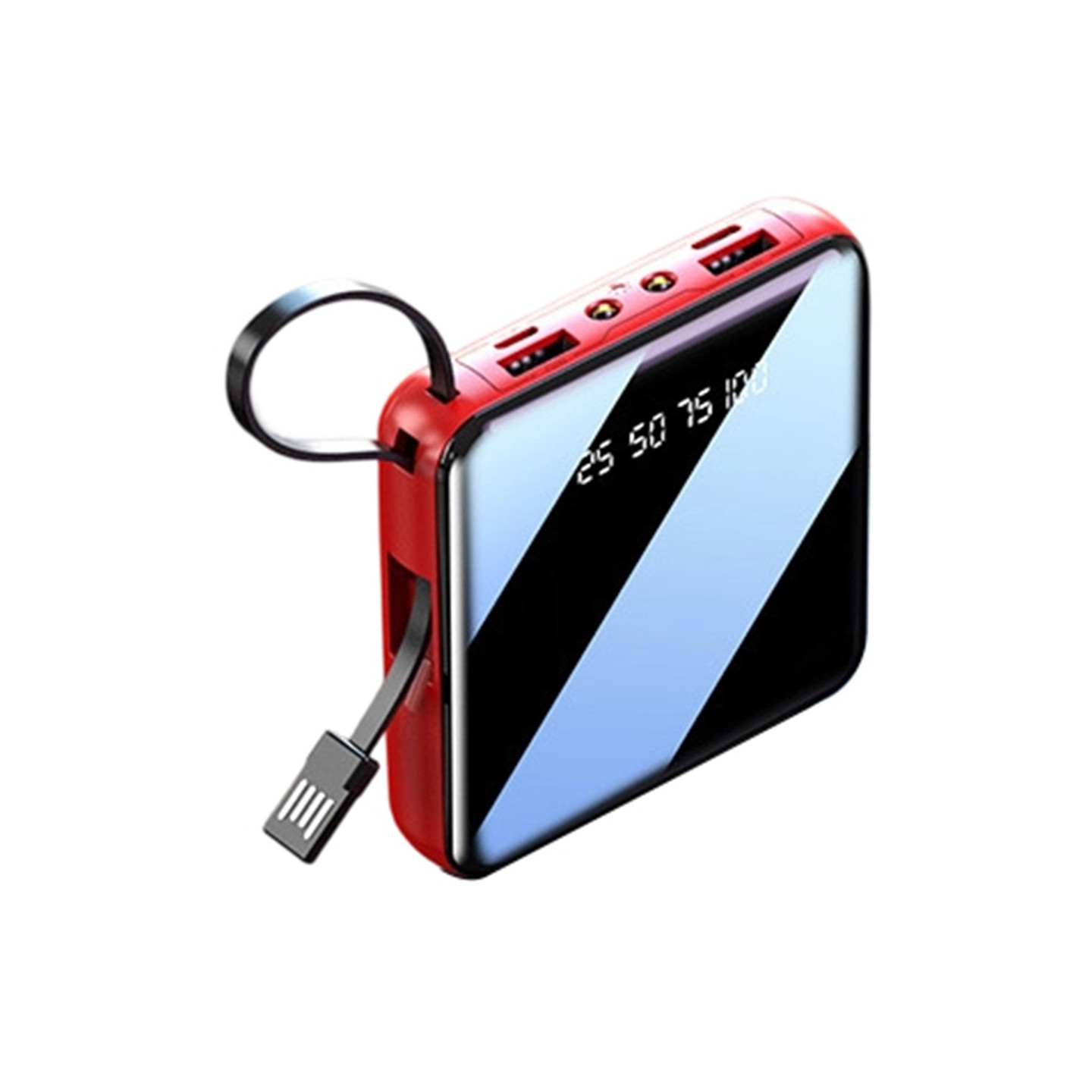 Kompakt powerbank på 10 000 mAh, 4-i-1-kabel, LED-lommelykt, digitalt display – rød