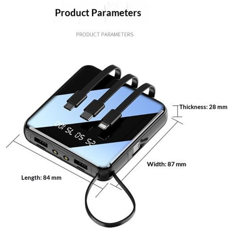 Kompakti varavirtalähde 10 000 mAh, 4-in-1-kaapeli, LED-taskulamppu, digitaalinen näyttö – punainen