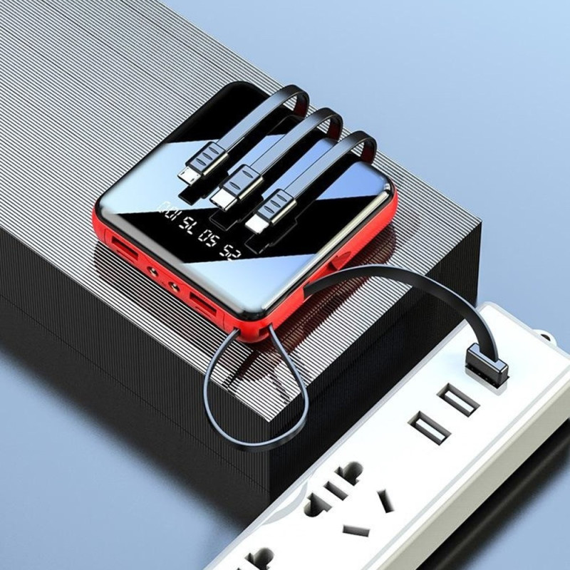 Kompakti varavirtalähde 10 000 mAh, 4-in-1-kaapeli, LED-taskulamppu, digitaalinen näyttö – punainen