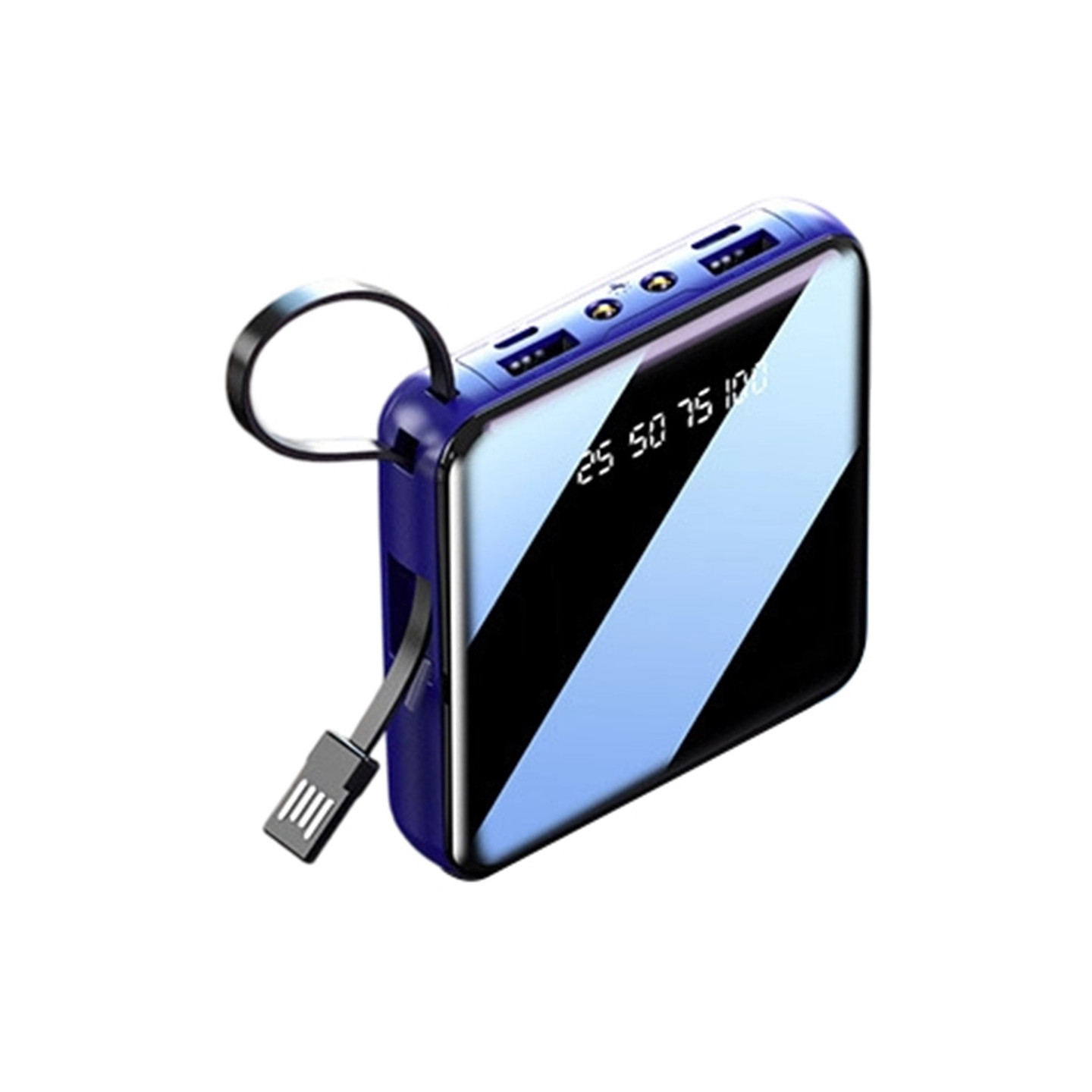 Kompakt powerbank på 10 000 mAh, 4-i-1-kabel, LED-lommelykt, digitalt display – Blå