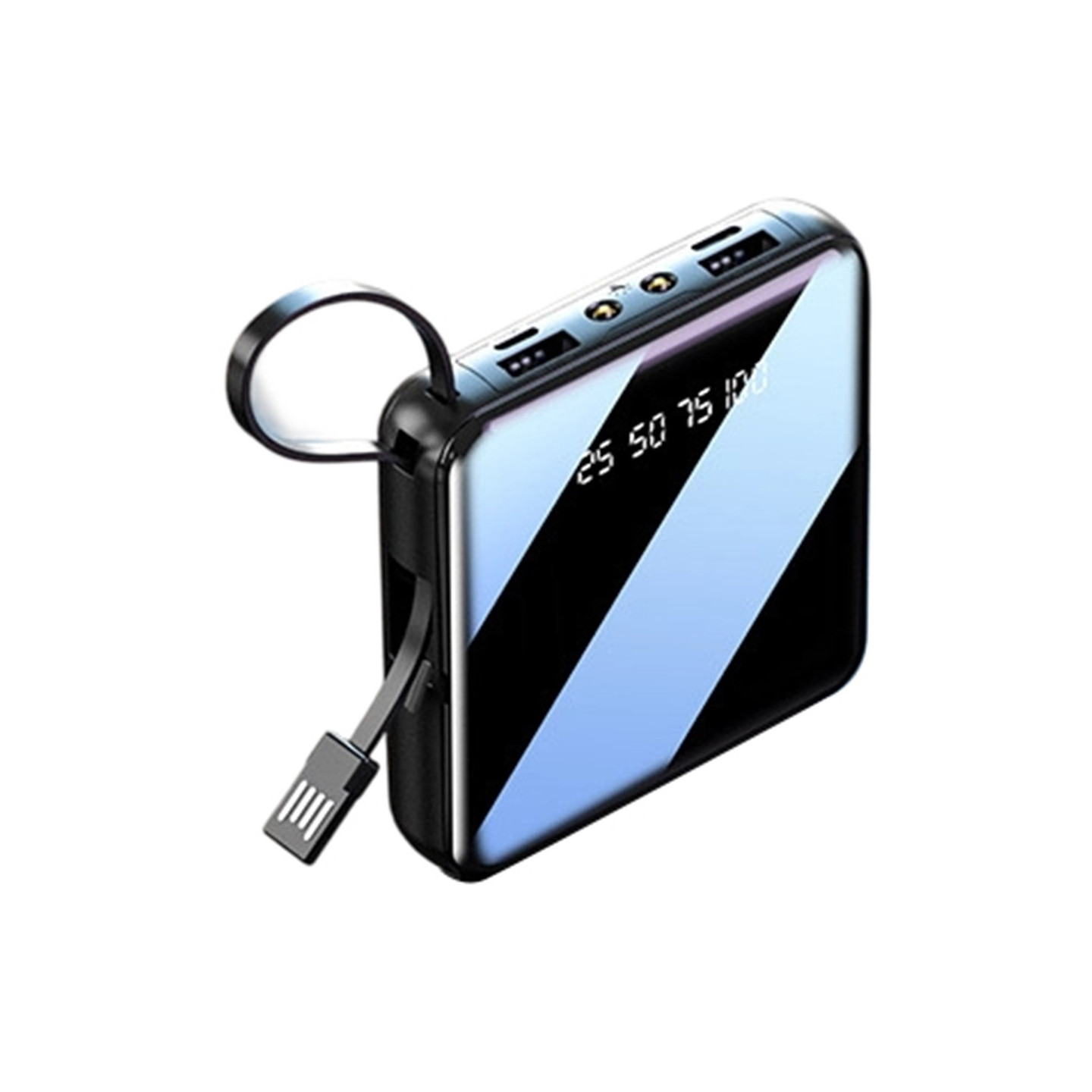Kompakt powerbank på 10 000 mAh, 4-i-1-kabel, LED-lommelykt, digitalt display