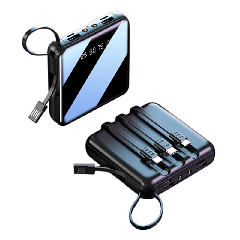 Kompakti varavirtalähde 10 000 mAh, 4-in-1-kaapeli, LED-taskulamppu, digitaalinen näyttö