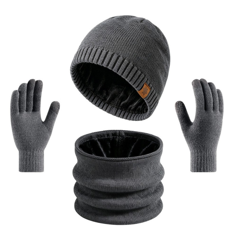 3-piece set: Chunky knit hat with fleece lining, scarf, and touchscreen gloves.