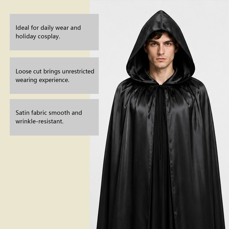 ZERILUNA Black hooded cape – structured hood, polyester and spandex