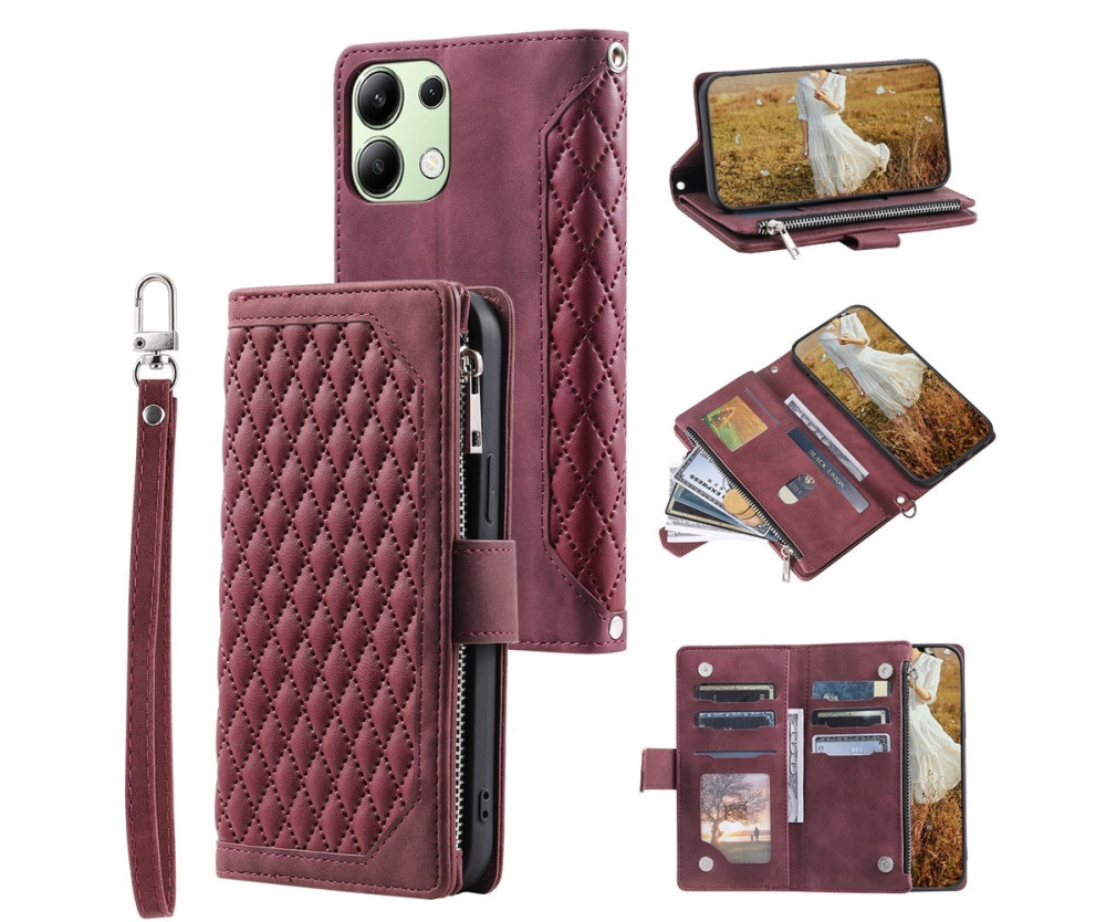 För Xiaomi Redmi 15C Zipper Wallet Case Rhombus Stitching Line Telefonfodral