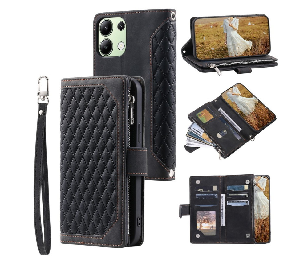 För Xiaomi Redmi 15C Zipper Wallet Case Rhombus Stitching Line Telefonfodral
