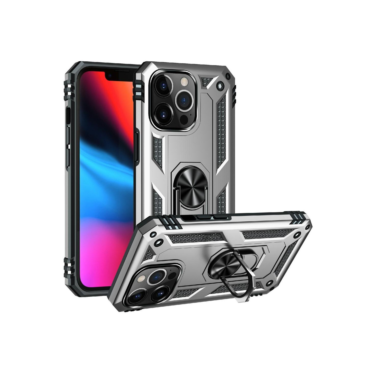 iPhone 13 Pro Finger Ring Kickstand Hybrid Case - Silver