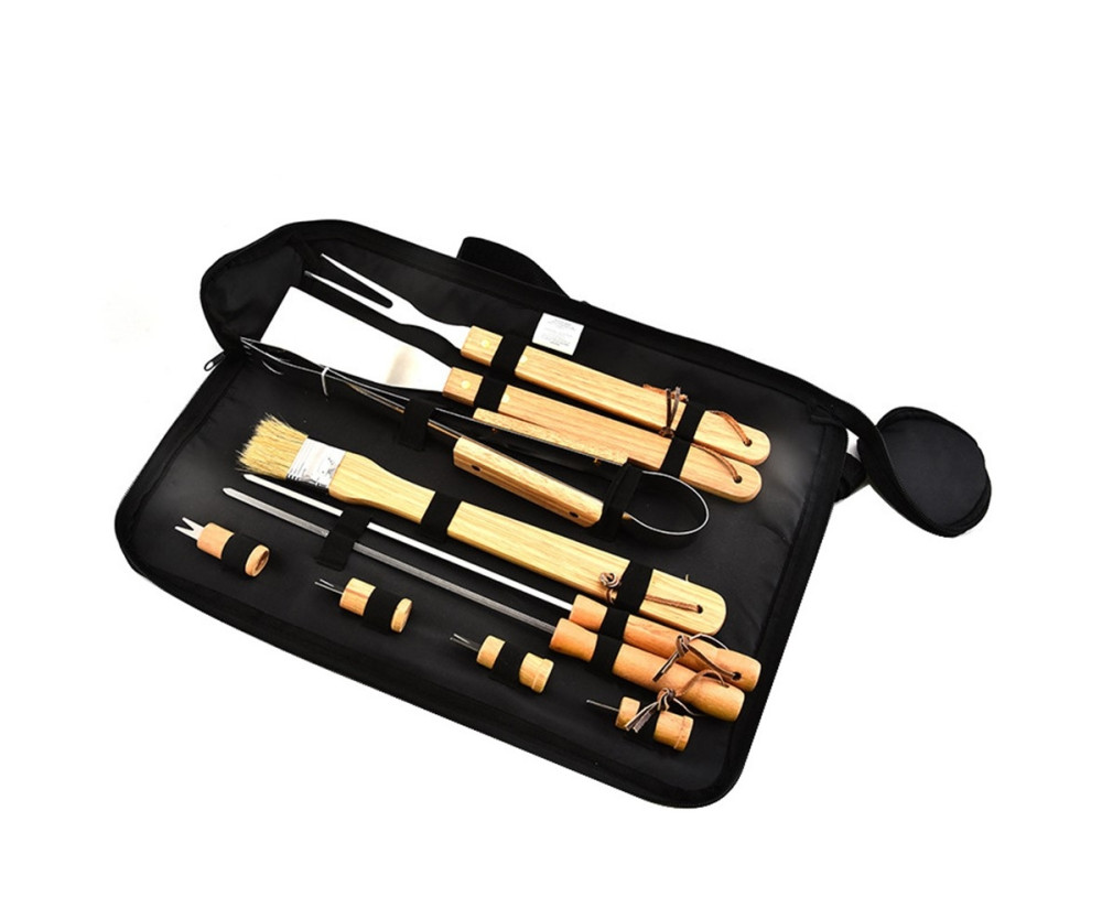 10 st/set BBQ Grilltillbehör Grillkit trähandtag bärväska Grilla Grill Verktyg