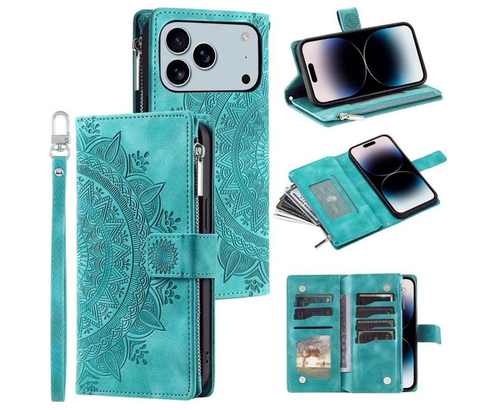 Plånboksfodral kompatibelt med iPhone 17 Pro Max, Fodral Skal Mandala blommönster - Mint