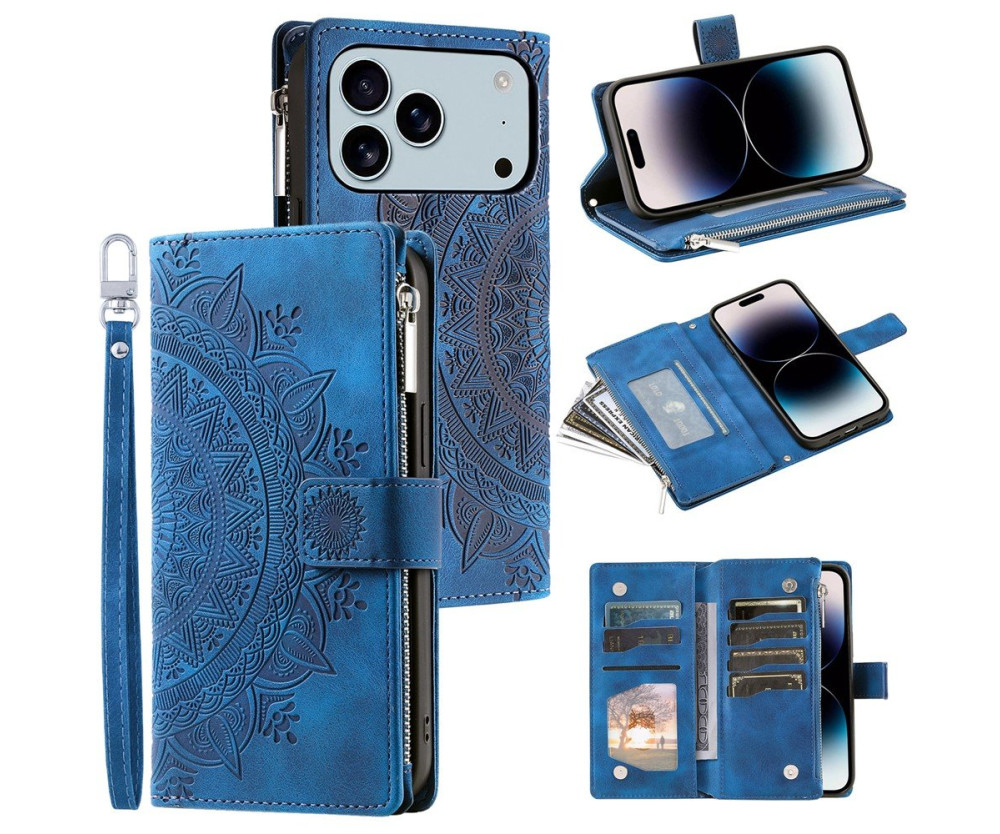Plånboksfodral kompatibelt med iPhone 17 Pro Max, Fodral Skal Mandala blommönster - Blå