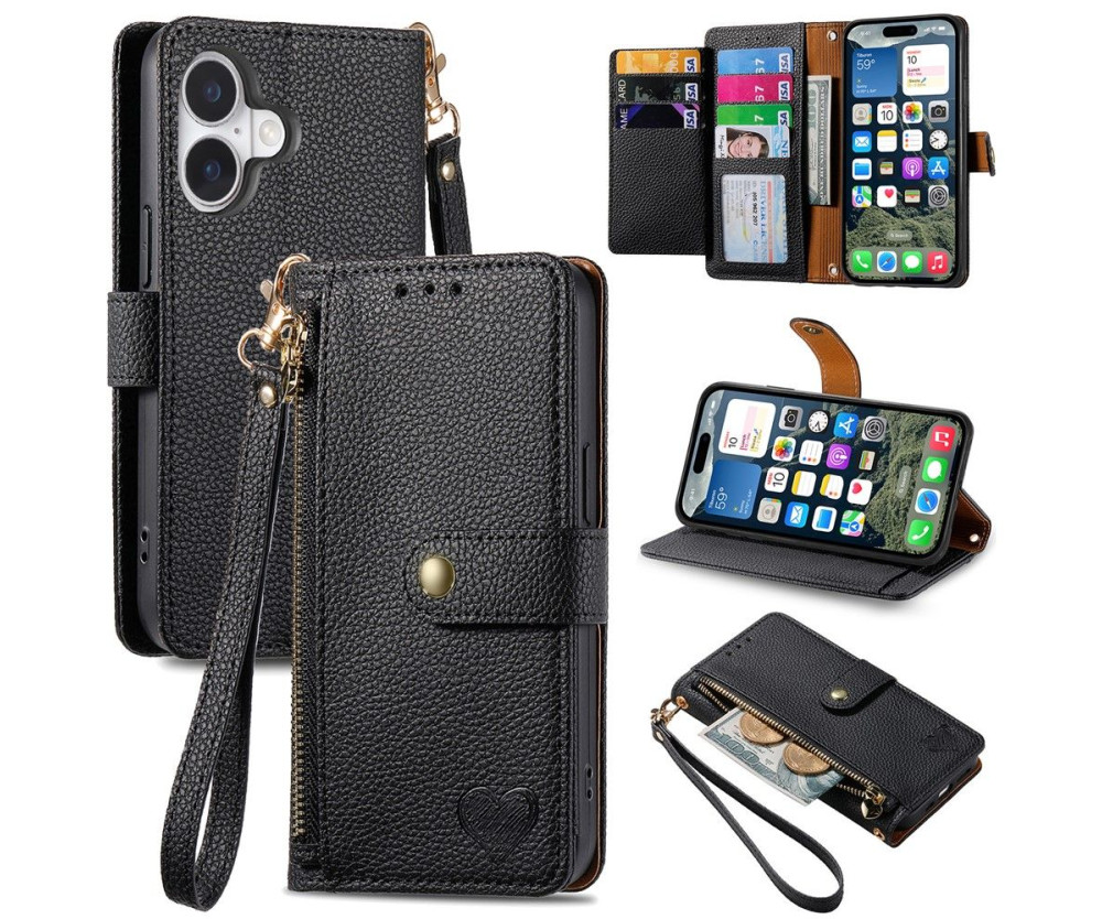 For iPhone 17 Skal RFID-blockering Dragkedjeficka Plånboksfodral med Rem - Svart