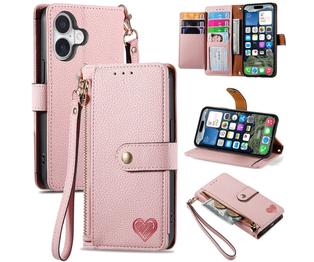 For iPhone 17 Skal RFID-blockering Dragkedjeficka Plånboksfodral med Rem - Rosa