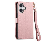 For iPhone 17 Skal RFID-blockering Dragkedjeficka Plånboksfodral med Rem - Rosa