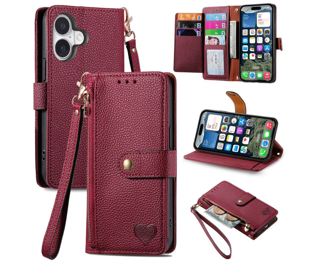 For iPhone 17 Skal RFID-blockering Dragkedjeficka Plånboksfodral med Rem - Röd