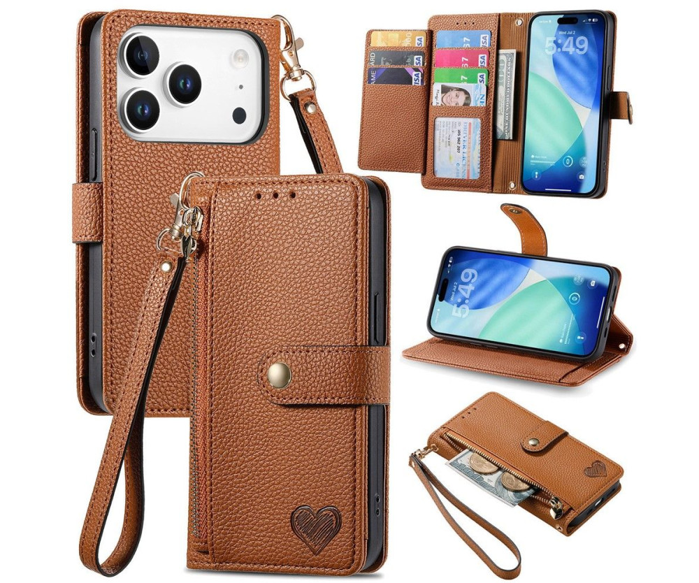 For iPhone 17 Pro Skal RFID-blockering Dragkedjeficka Plånboksfodral med Rem - Brun