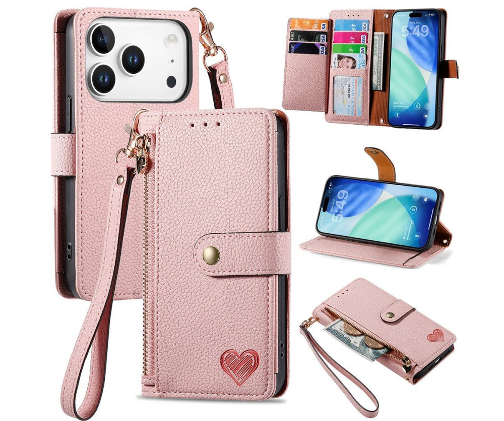 For iPhone 17 Pro Skal RFID-blockering Dragkedjeficka Plånboksfodral med Rem - Rosa