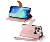 For iPhone 17 Pro Skal RFID-blockering Dragkedjeficka Plånboksfodral med Rem - Rosa