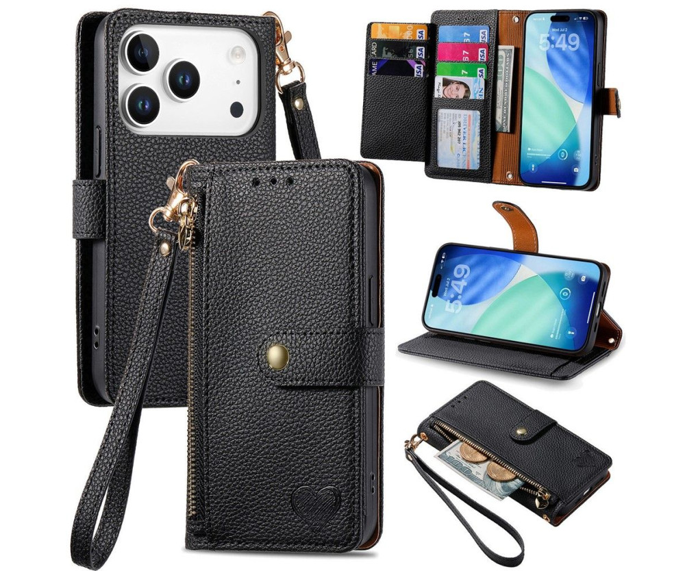 For iPhone 17 Pro Skal RFID-blockering Dragkedjeficka Plånboksfodral med Rem - Svart