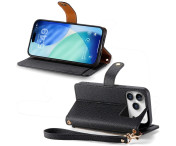 For iPhone 17 Pro Skal RFID-blockering Dragkedjeficka Plånboksfodral med Rem - Svart