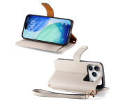 For iPhone 17 Pro Skal RFID-blockering Dragkedjeficka Plånboksfodral med Rem - Beige