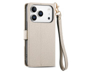 For iPhone 17 Pro Skal RFID-blockering Dragkedjeficka Plånboksfodral med Rem - Beige