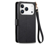 For iPhone 17 Pro Max Skal RFID-blockering Dragkedjeficka Plånboksfodral med Rem - Svart