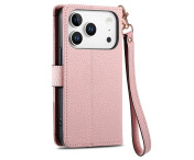 For iPhone 17 Pro Max Skal RFID-blockering Dragkedjeficka Plånboksfodral med Rem - Rosa