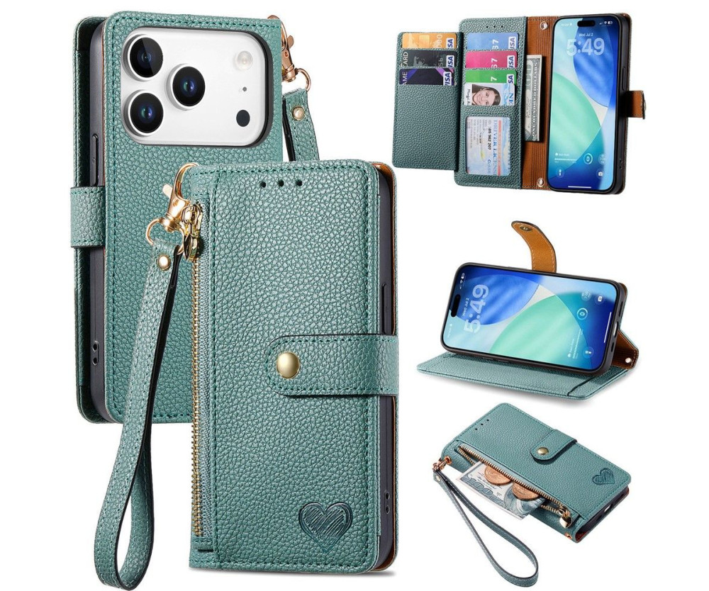 For iPhone 17 Pro Max Skal RFID-blockering Dragkedjeficka Plånboksfodral med Rem - Grön